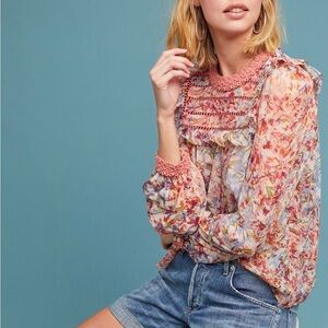 Anthropologie Ranna Gill Pink Floral Belle Blouse Size Small